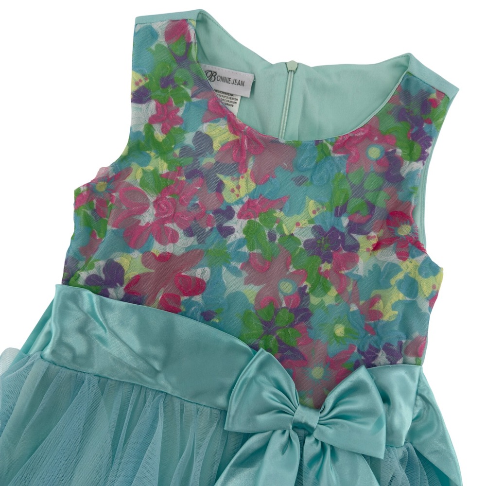 Bonnie Jean Girls‎ Aqua Floral Party Dress Princess Tulle Bow Size 10
